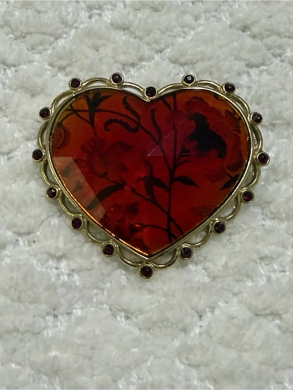 Liz Claiborne Vintage 90s Floral Brooch Red Heart Gold Tone Brooch Pin